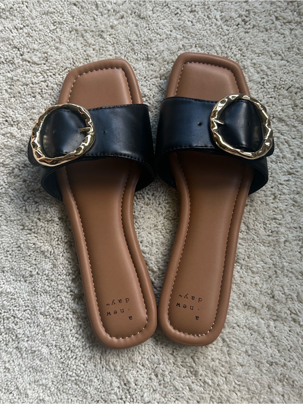 Black Slide Sandals with Gold Buckle